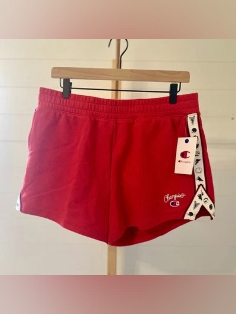 Champion Women’s Large Red Athletic Shorts Side Tape Logo French Terry NWT - Picture 4 of 8